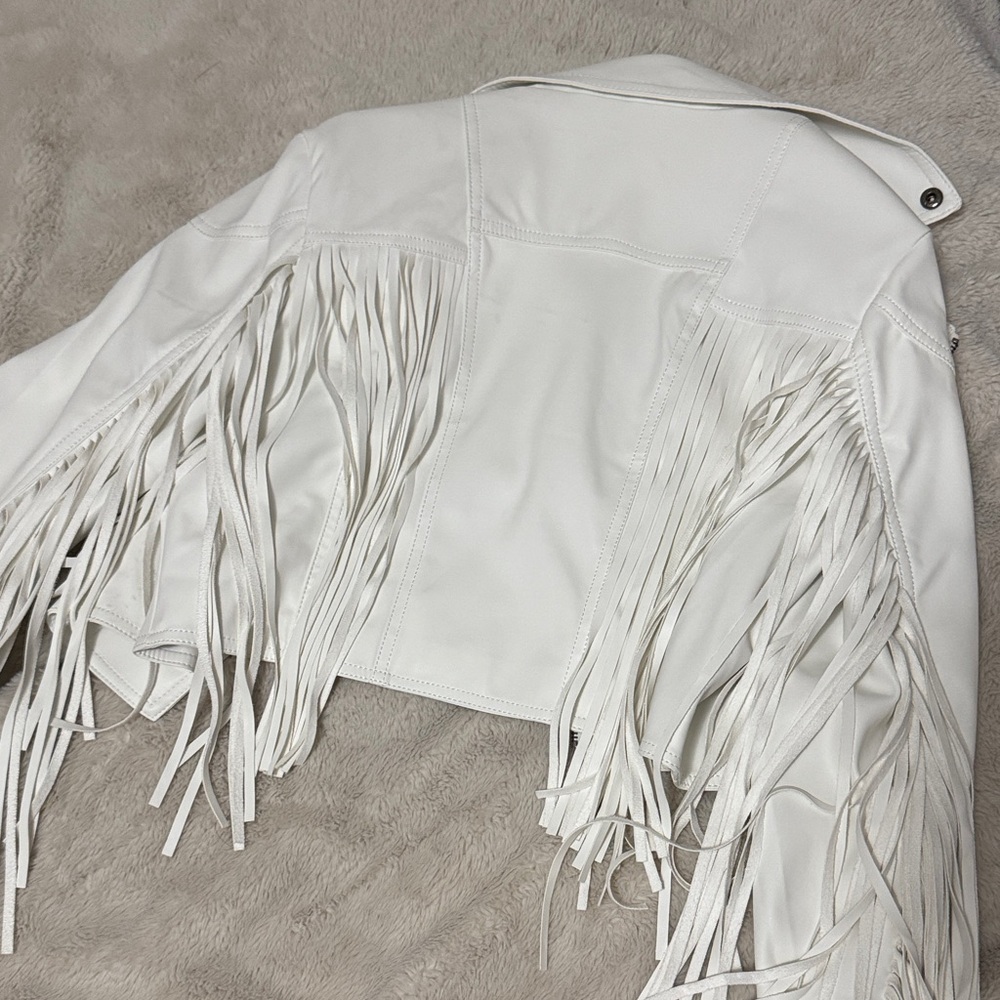 Faux Leather Fringe White Moto Jacket - M - Picture 15 of 16